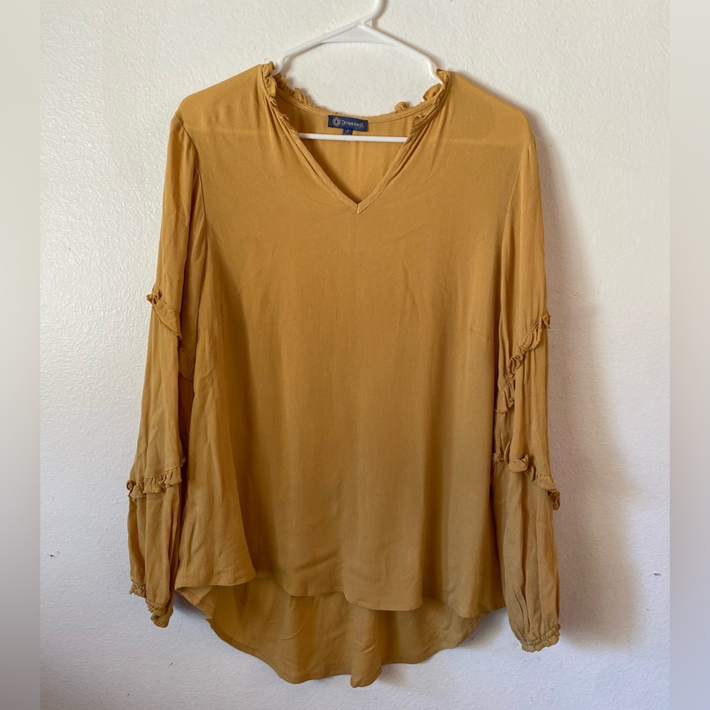 Democracy Mustard Yellow V-Neck Ruffle Sleeve Blouse